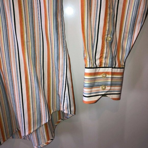 Thomas Dean Mens Large Multicolored Striped Flip Cuff Button Up Collar Shirt L - Picture 6 of 11
